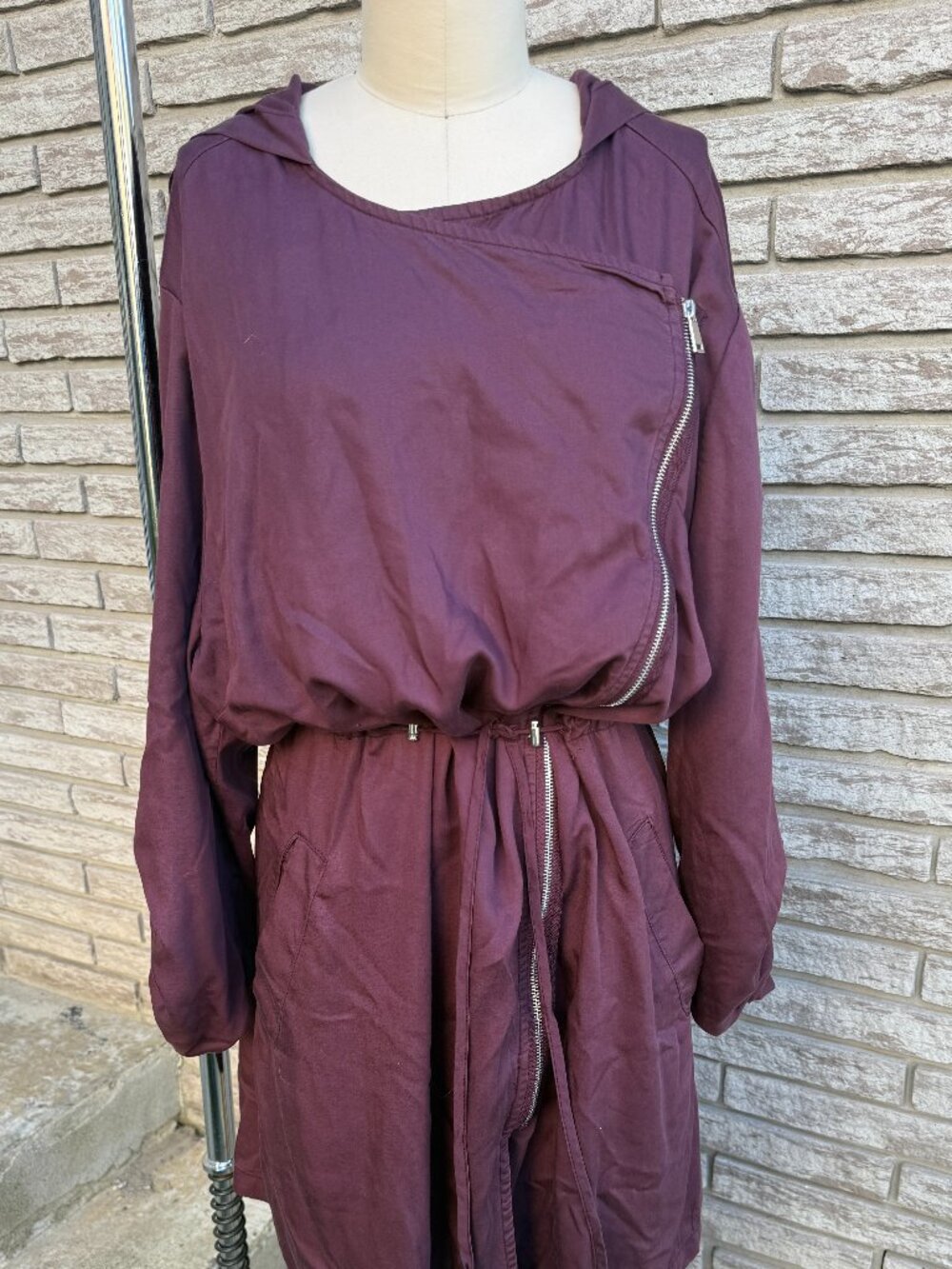 Dex Burgundy Asymmetric Zip Hooded Anorak Dress 2X